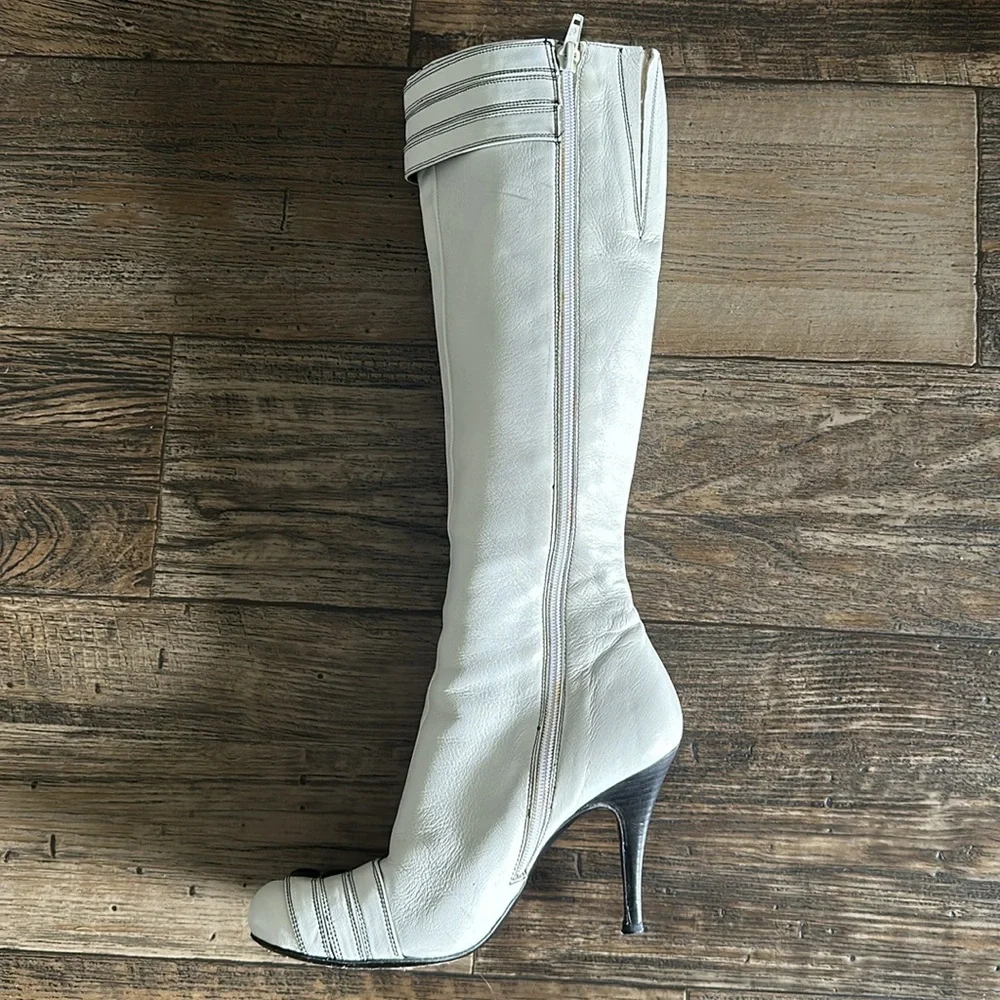 Miss Sixty White Tall Leather Boots with Black Trim